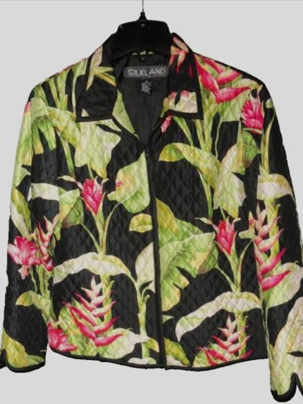 Silkland Jacket 100% Sill Womens P Small Quilted Floral Foliage Beaded Flowers